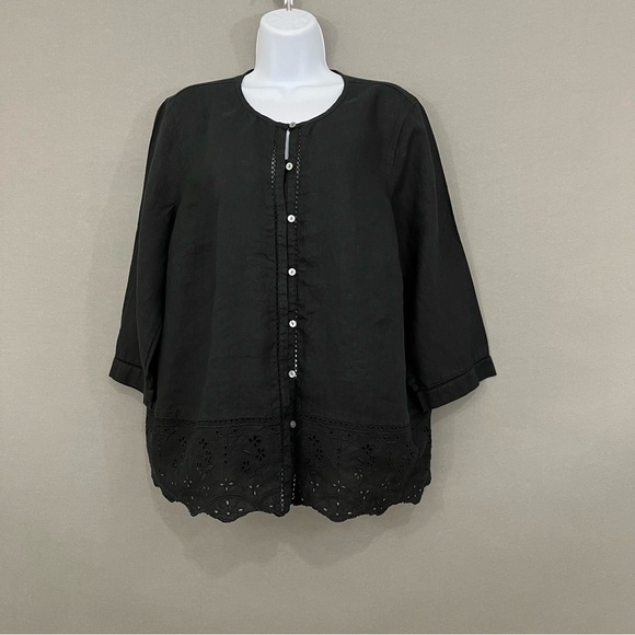J.Jill Love Linen Black Button Eyelet Hem Linen Top - Picture 1 of 15